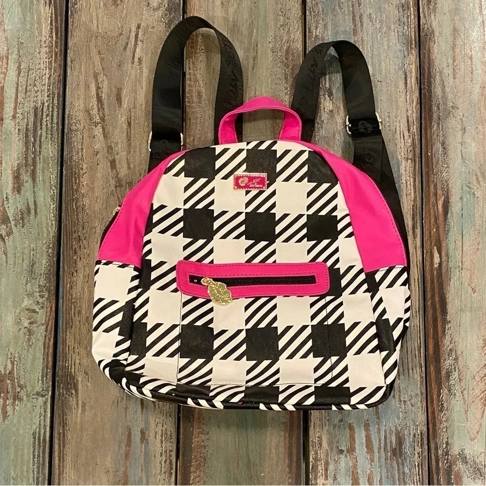 Betsey Johnson Plaid Houndstooth Backpack Handbag White Black Pink Barbie